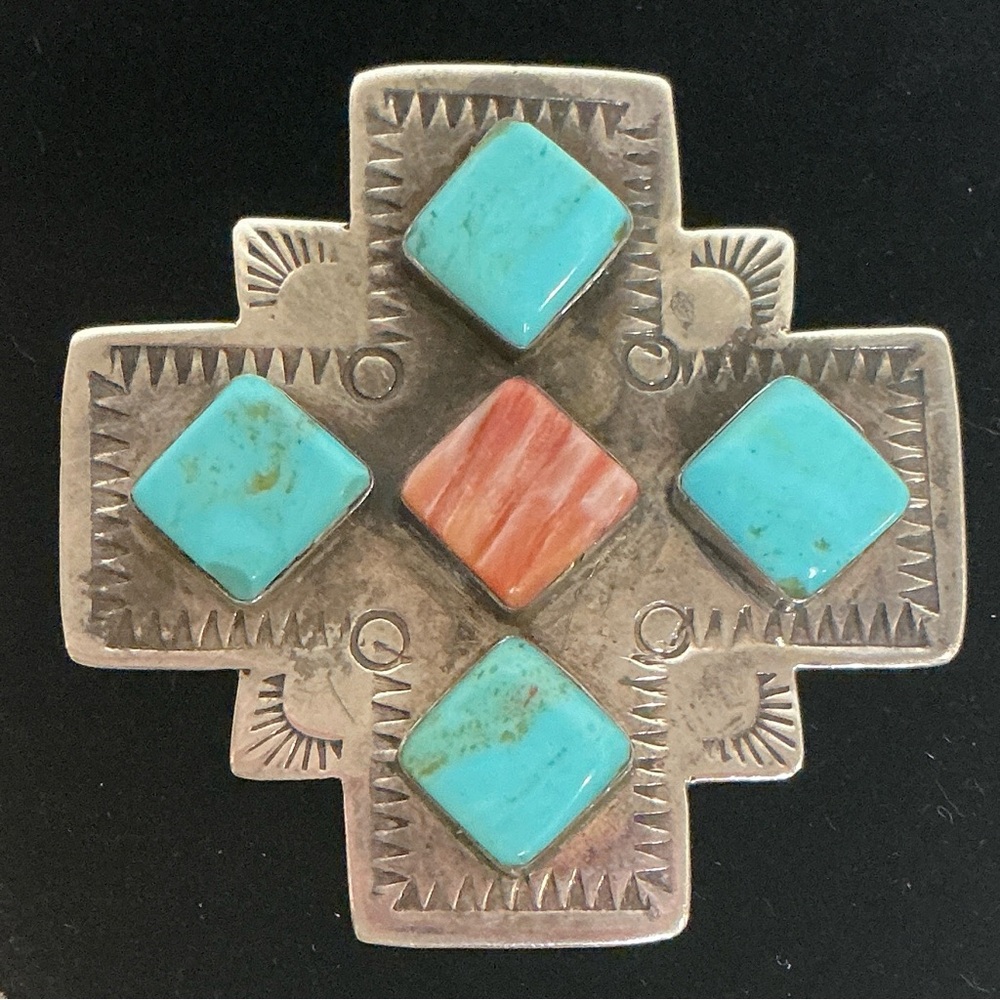 Turquoise and Coral Sterling Silver Pendant